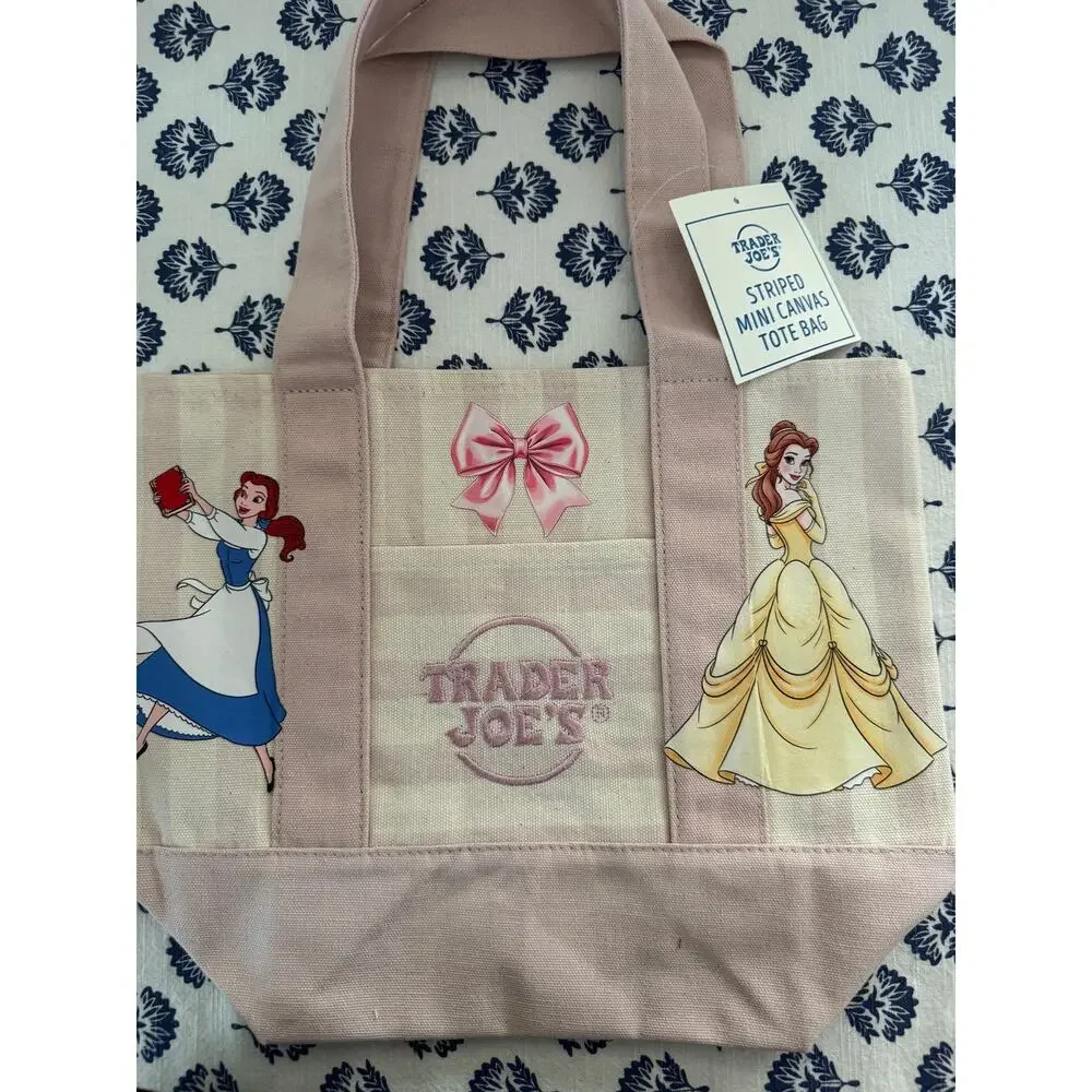 Disney Belle Pink Watercolor New Striped Custom Made Trader Joes Mini Tote